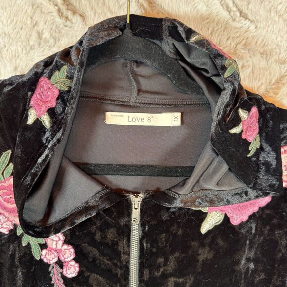 Love 8 Jacket 1X Black Velvet Embroidered Full Zip Hooded Stretch Y2K Boho - Picture 7 of 13